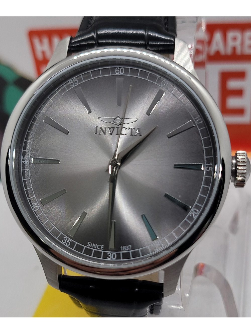 232 invicta celestial 43mm silver dial black leather strap dress analog